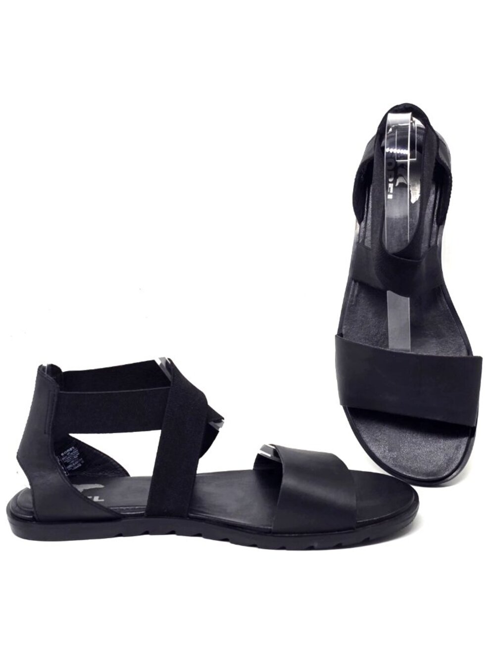 Sorel Ella II Black Leather Stretch Strap Flats Open Toe Sandals Women's Size 10